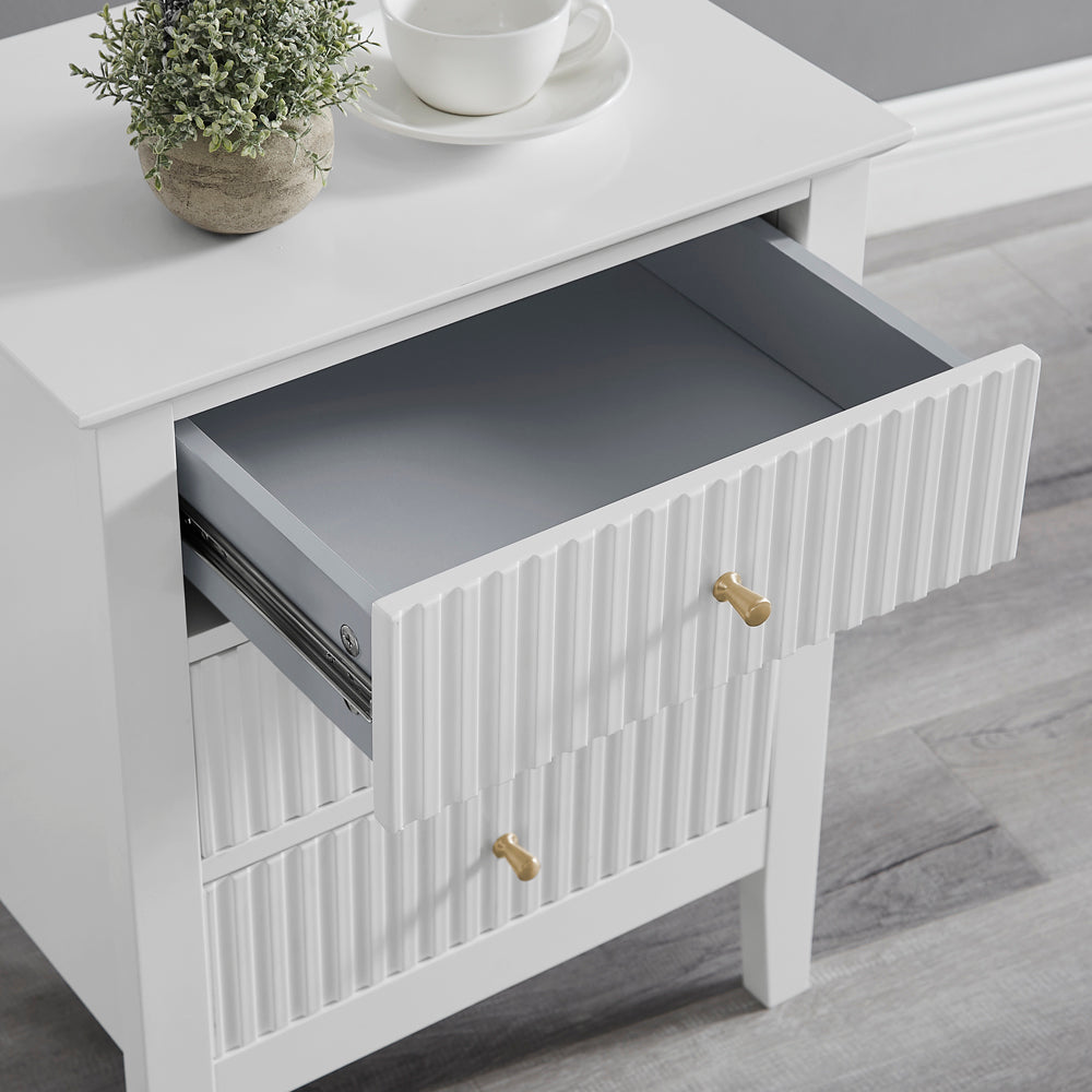 Zara Fluted 3 drawer side table - White