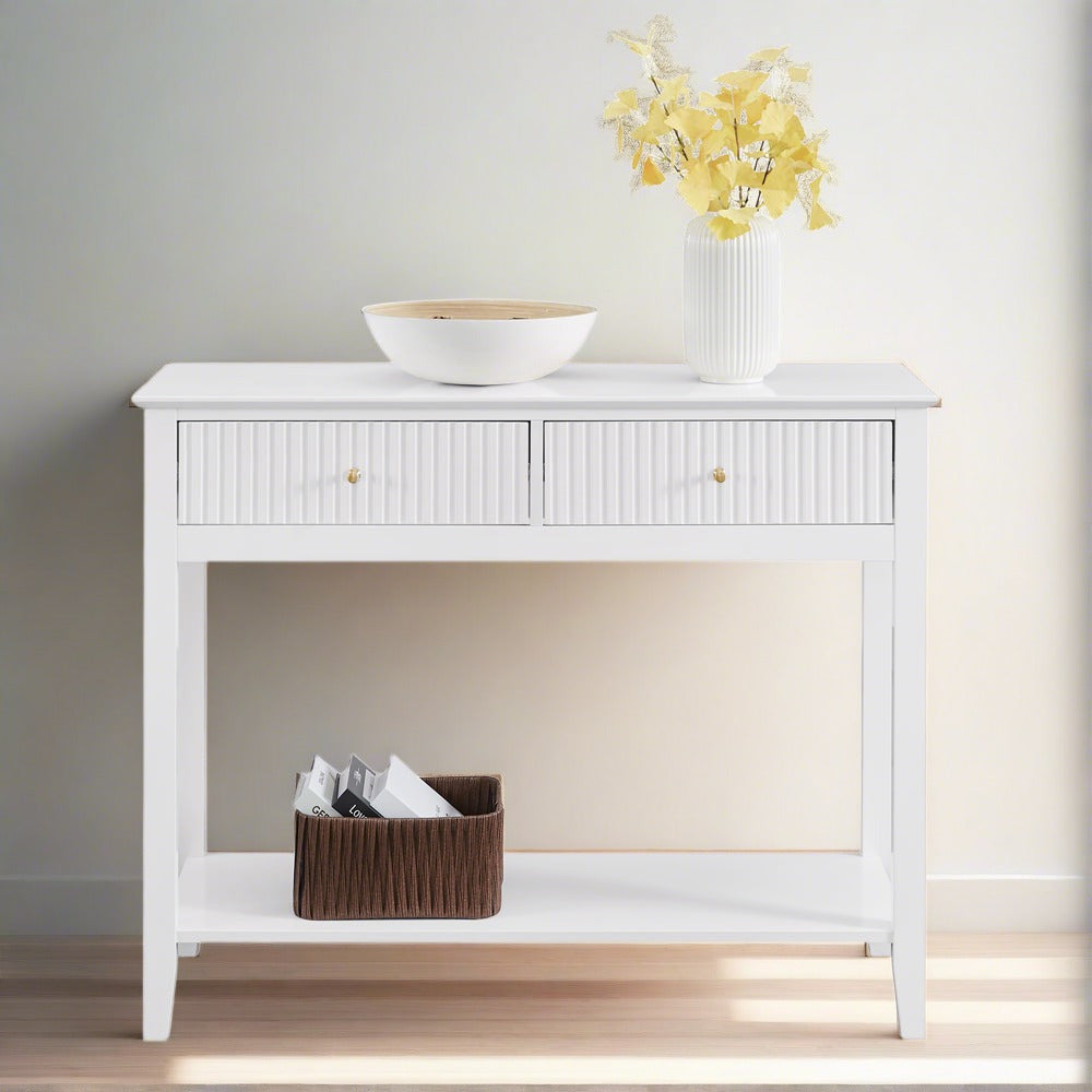 Zara Fluted 2 drawer console table - White