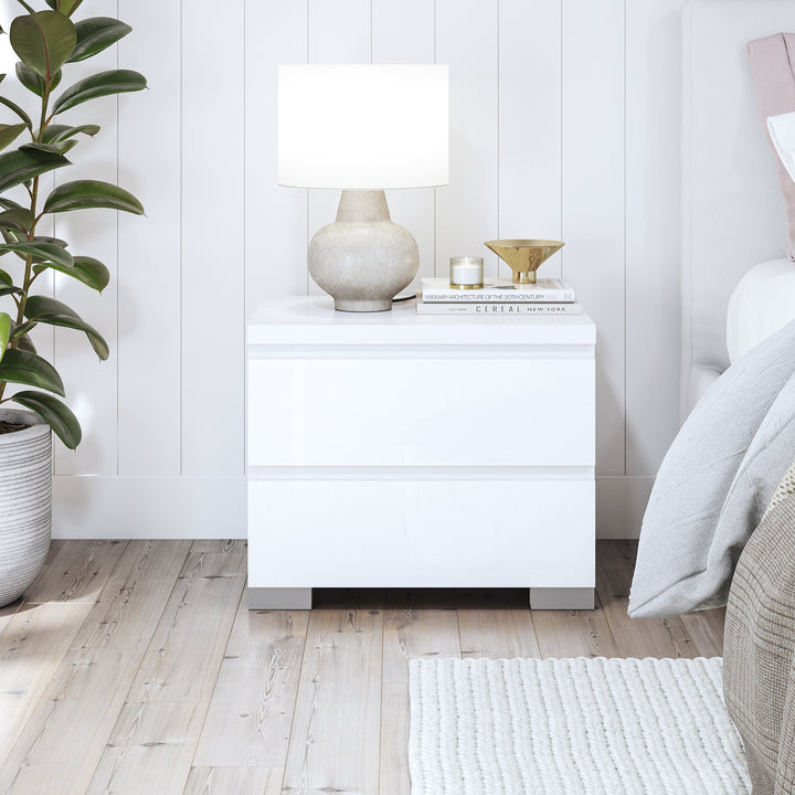 Elara 2 Storage Drawer High Gloss Bedroom Bedside Table - White