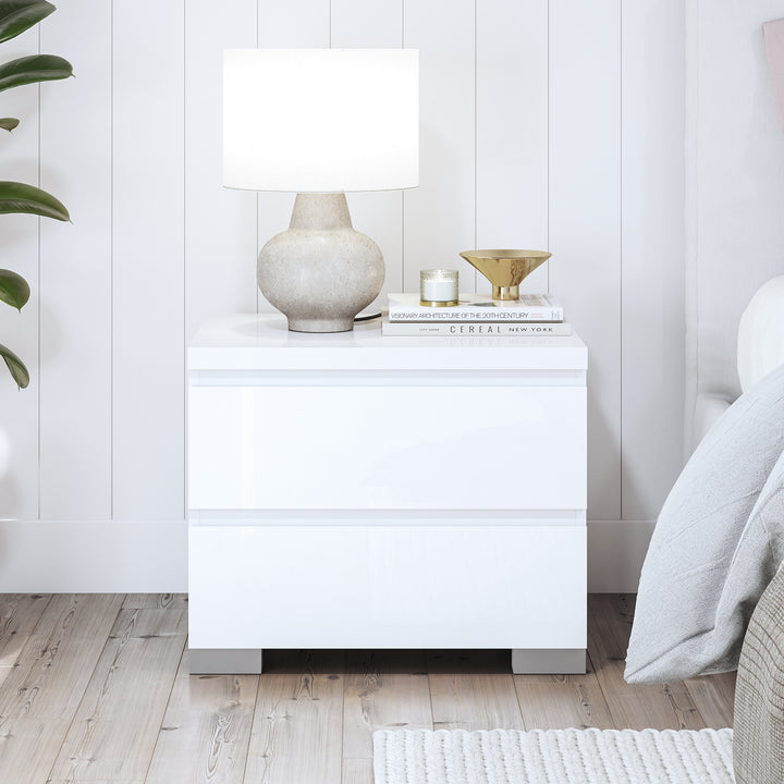 Elara 2 Storage Drawer High Gloss Bedroom Bedside Table - White