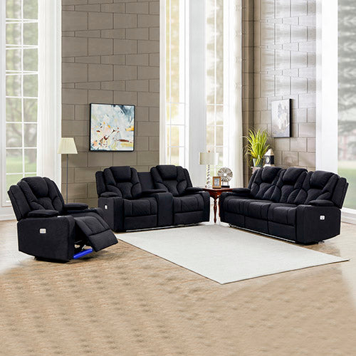 Black Rhino Fabric Electric Recliner Lounge Armchair - 3+2+1 Seater with LED Features