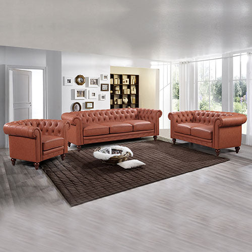 Chesterfield Elegance: 3+2+1 Seater Button Tufted Faux Leather Sofa Brown