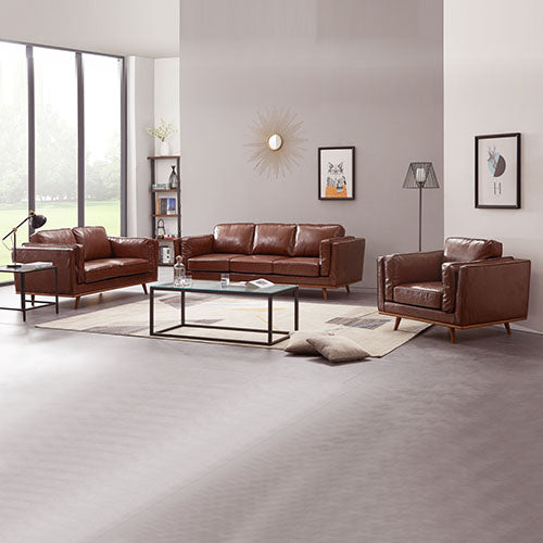 Brown Leather 3+2 Seater Sofa Lounge Set with Wooden Frame