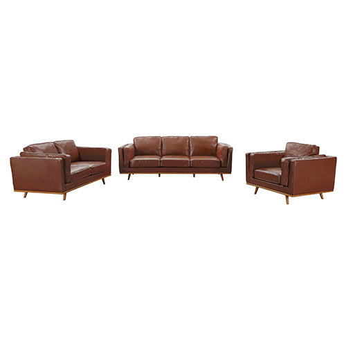 Brown Leather 3+2 Seater Sofa Lounge Set with Wooden Frame