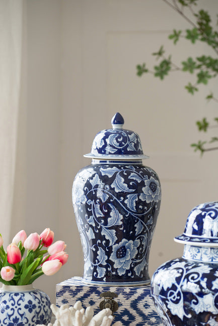 Tall Blue & White Ceramic Ginger Jar with Elegant Leaf & Bloom Pattern