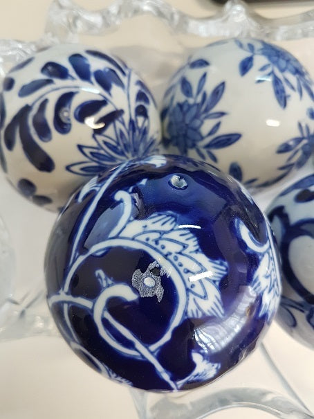 Blue & White Ceramic Decorator Set of 6 3" Round Orbs