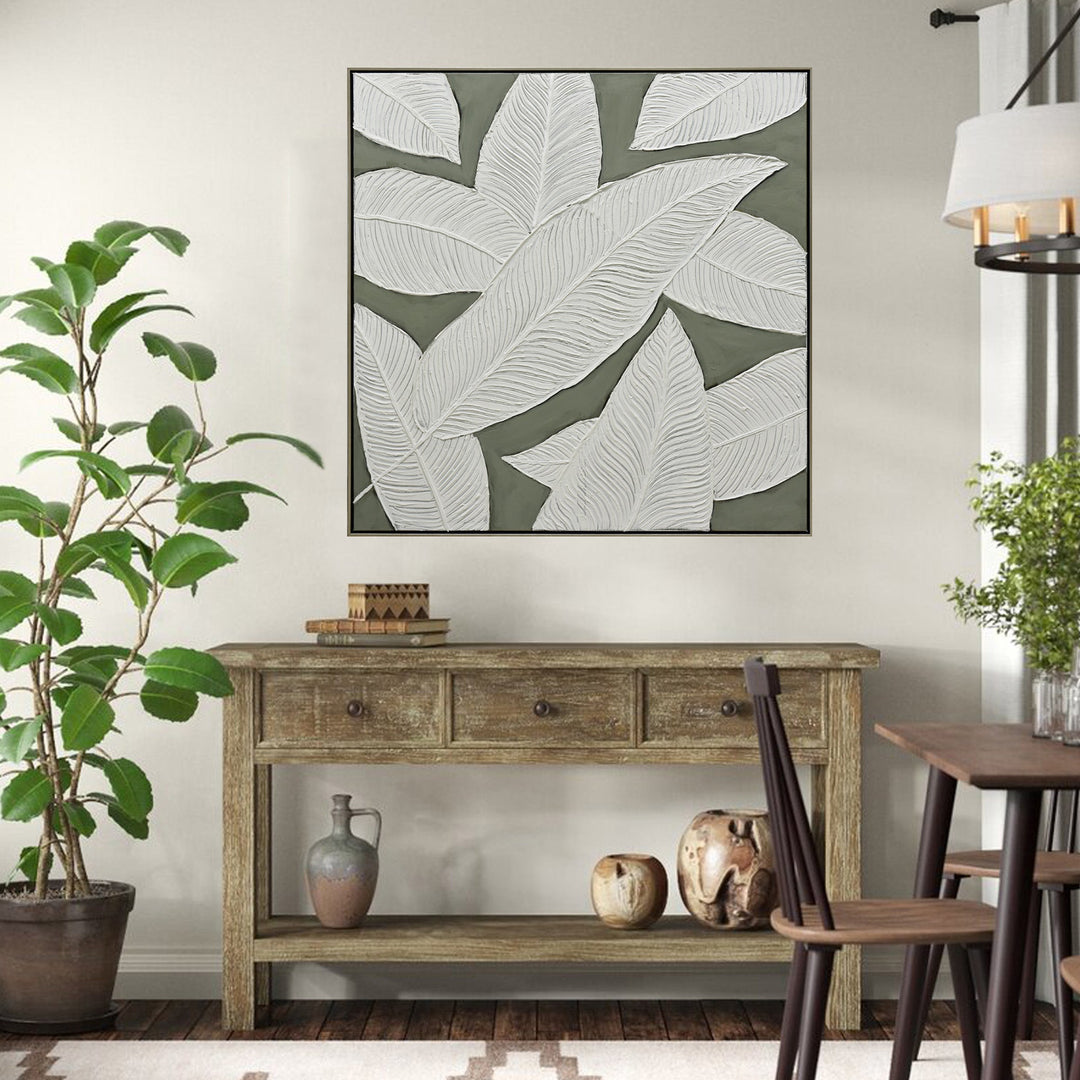 Emerald Oasis: Leaves of Serenity Champagne Framed Wall Art 100X100cm