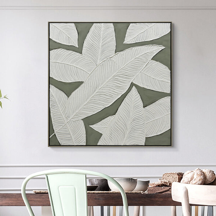 Emerald Oasis: Leaves of Serenity Champagne Framed Wall Art 100X100cm