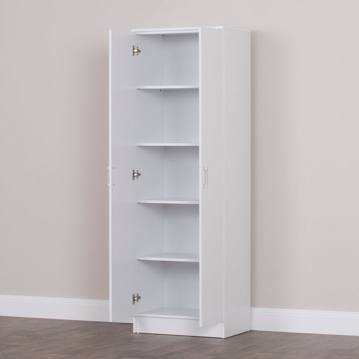 Interior view of a white cupboard with four spacious shelves